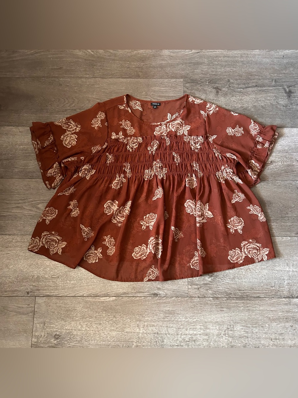 Torrid Bohemian Ruffle Flutter Sleeve Smocked Babydoll Blouse Size 3X